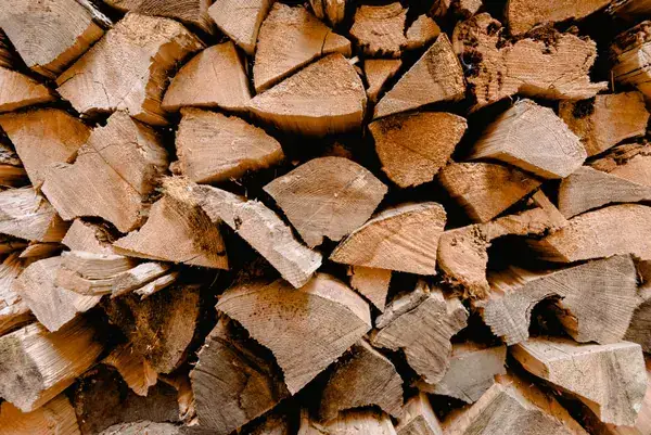 Pila ordenada de leña cortada con superficies texturizadas